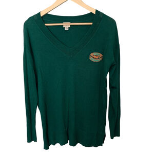 A New Day Women's Green V-Neck Pullover Sweater M Kona Brewing Embroidered Shirt